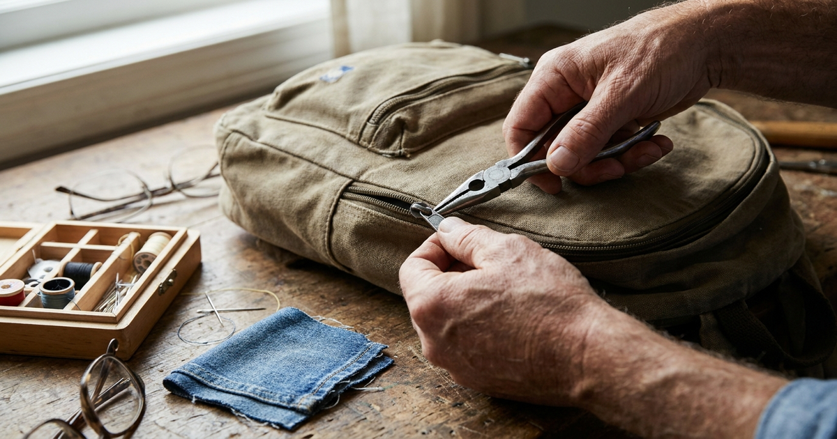 Close-up of hands repairing a school backpack zipper slider with pliers, sewing kit and fabric patch visible nearby Close-up of hands repairing a school backpack zipper slider with pliers, sewing kit and fabric patch visible nearby