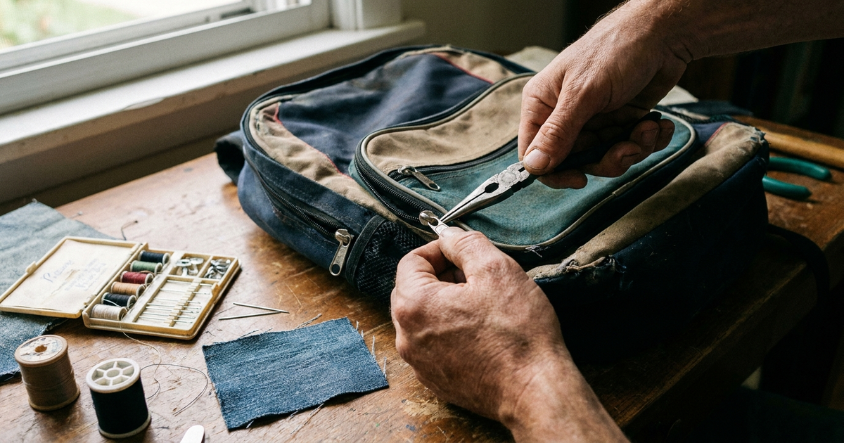Close-up of hands repairing a school backpack zipper slider with pliers, sewing kit and fabric patch visible nearby Close-up of hands repairing a school backpack zipper slider with pliers, sewing kit and fabric patch visible nearby