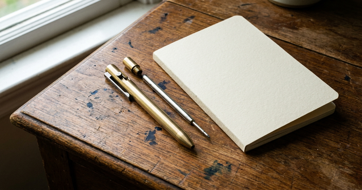 A metal-bodied pen, a refill and a plain paper-covered notebook on a wooden desk