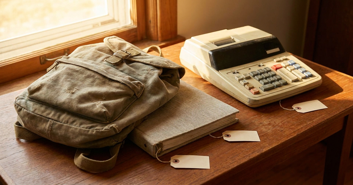 A thrifted backpack, calculator, and binder laid out on a table next to their price tags, warm natural light, no visible