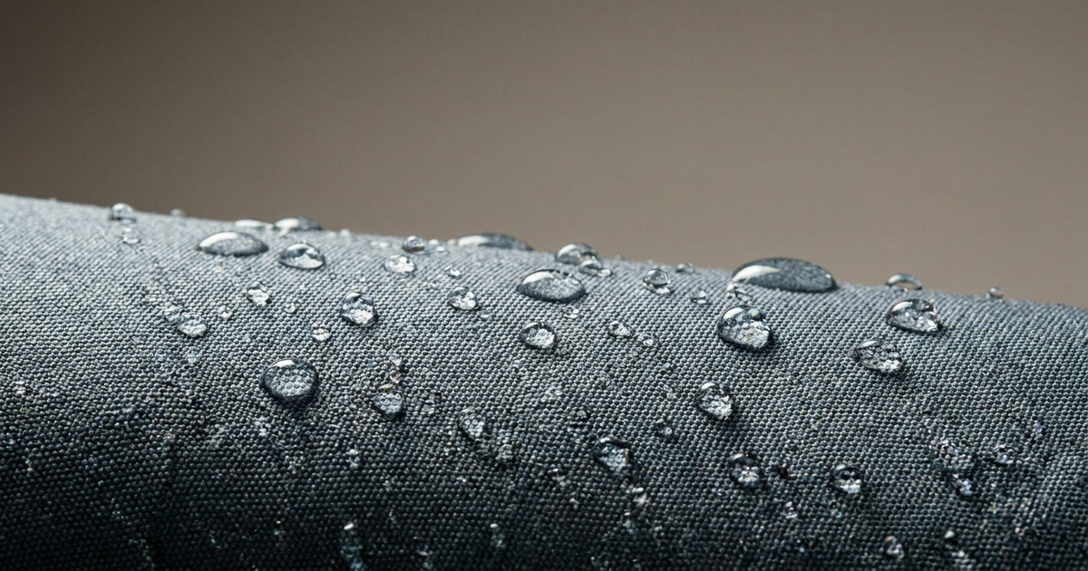 Close-up of water beading on a fabric surface with no visible branding, split lighting showing texture, neutral studio b