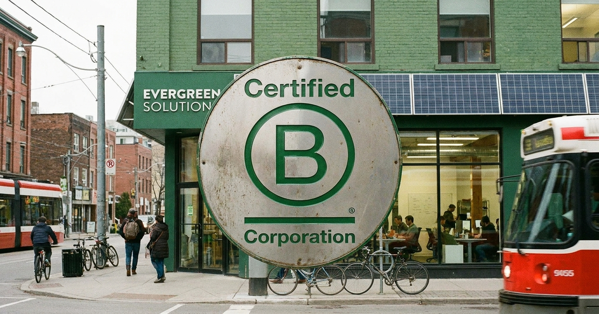 B Corp certification badge overlaid on a company storefront, symbolizing verified social and environmental standards