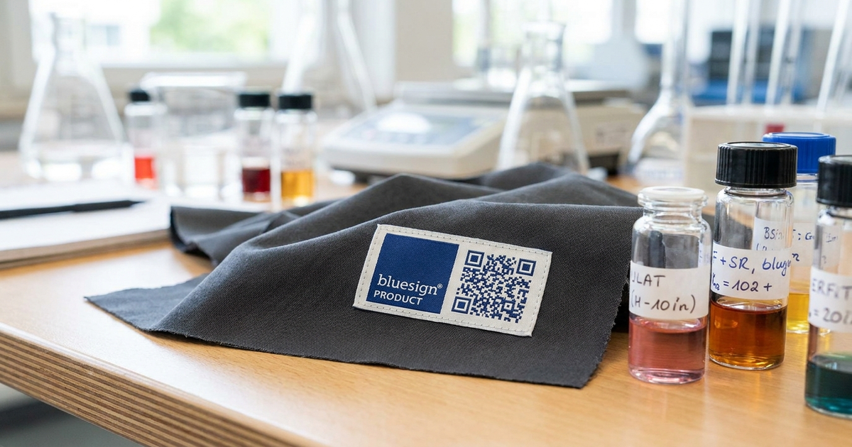 bluesign label with QR code on a technical fabric swatch next to chemical testing vials bluesign label with QR code on a technical fabric swatch next to chemical testing vials