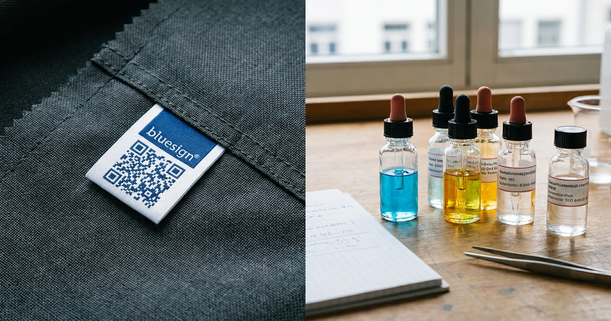 bluesign label with QR code on a technical fabric swatch next to chemical testing vials bluesign label with QR code on a technical fabric swatch next to chemical testing vials