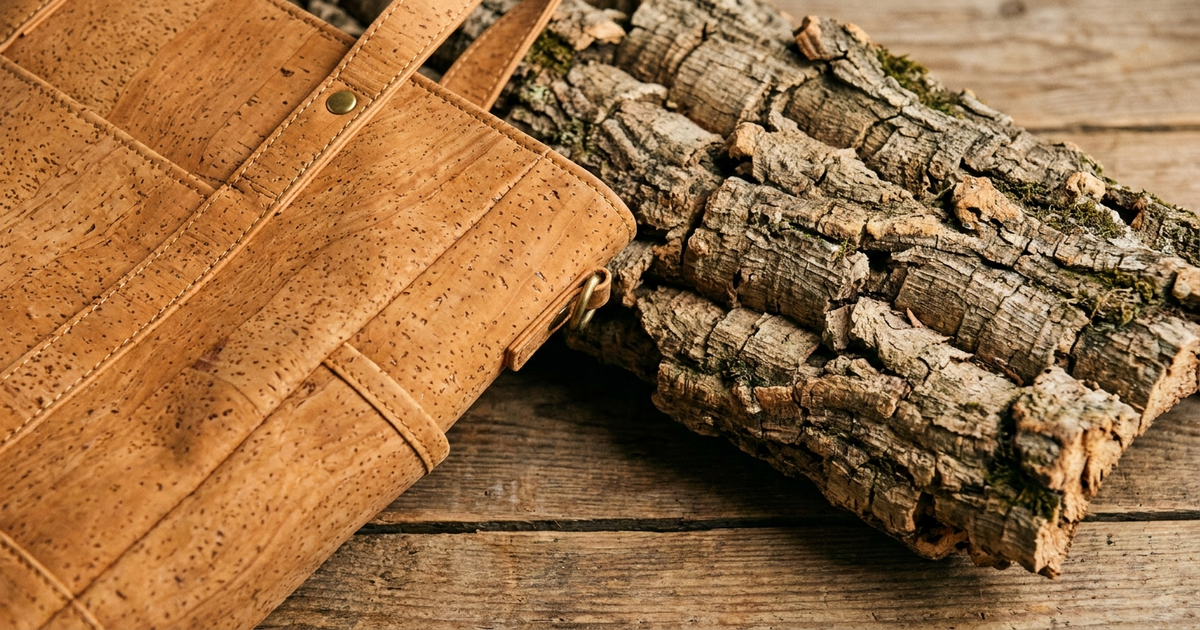 Close-up of a cork fabric bag panel next to a raw shaved sheet of cork bark Close-up of a cork fabric bag panel next to a raw shaved sheet of cork bark
