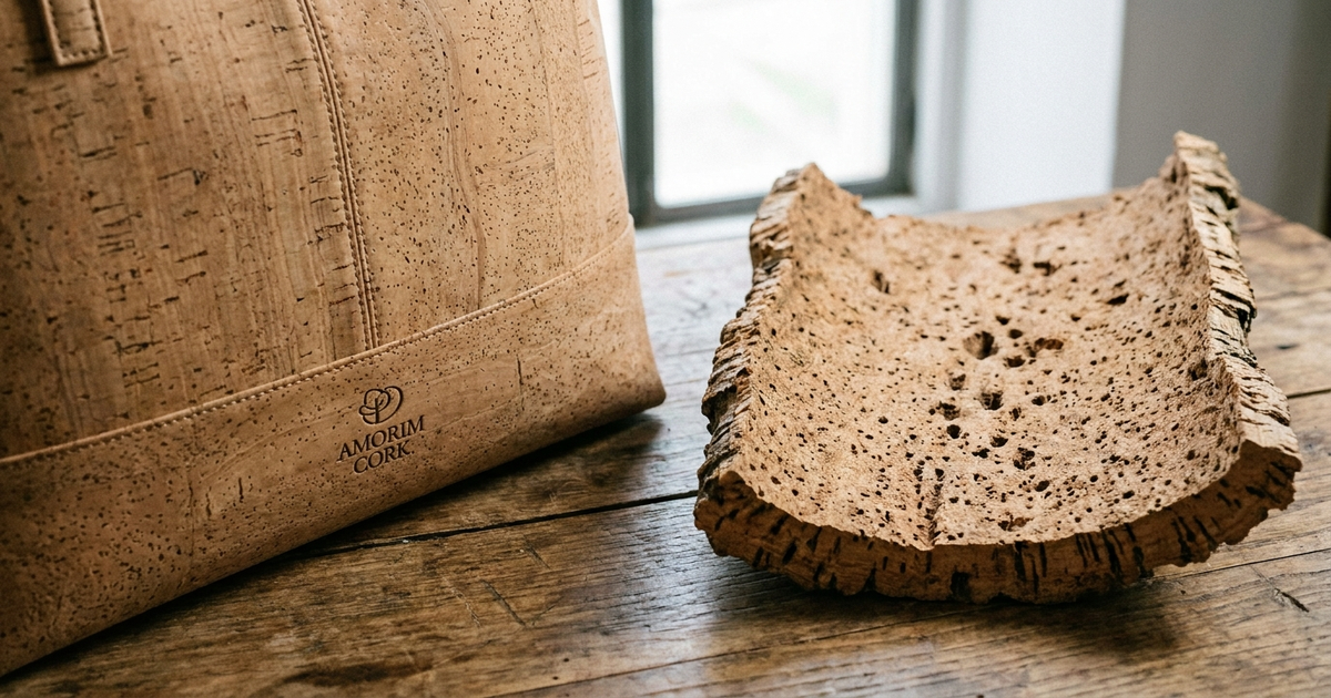 Close-up of a cork fabric bag panel showing its natural grain texture next to a raw shaved sheet of cork bark, representing what cork fabric for bags is made from Close-up of a cork fabric bag panel showing its natural grain texture next to a raw shaved sheet of cork bark, representing what cork fabric for bags is made from