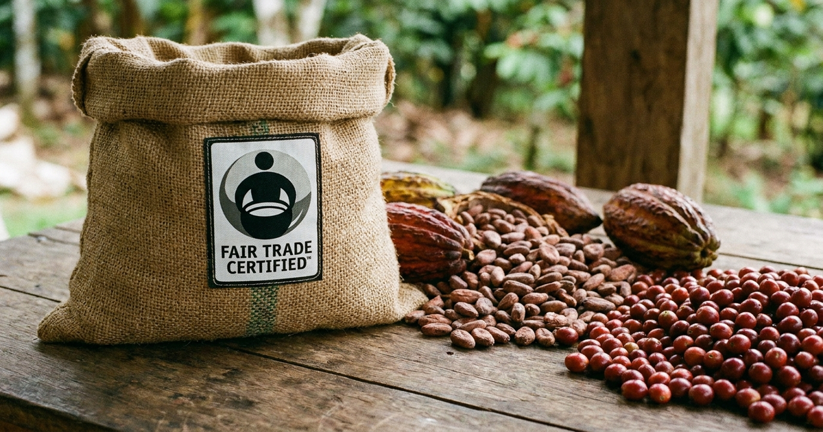 Fair Trade Certified seal on a coffee bag next to raw cocoa beans and coffee cherries Fair Trade Certified seal on a coffee bag next to raw cocoa beans and coffee cherries