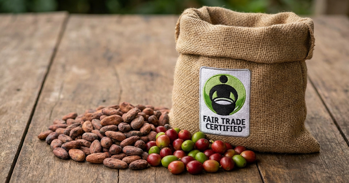 Fair Trade Certified seal on a coffee bag next to raw cocoa beans and coffee cherries Fair Trade Certified seal on a coffee bag next to raw cocoa beans and coffee cherries