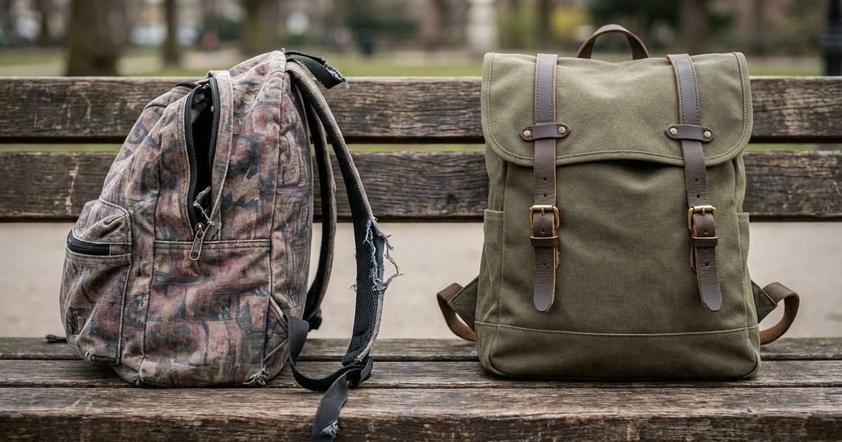A cheap printed backpack with a frayed strap next to a plain durable canvas backpack