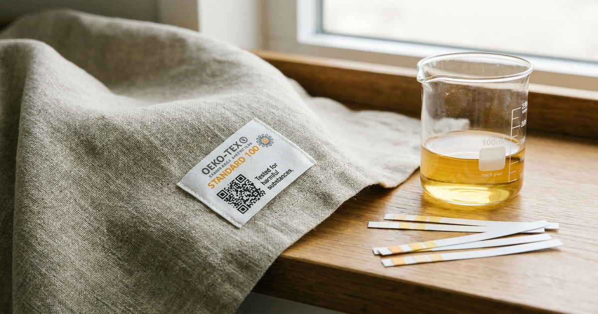 OEKO-TEX Standard 100 label sewn into a fabric swatch next to a lab beaker and testing strips OEKO-TEX Standard 100 label sewn into a fabric swatch next to a lab beaker and testing strips