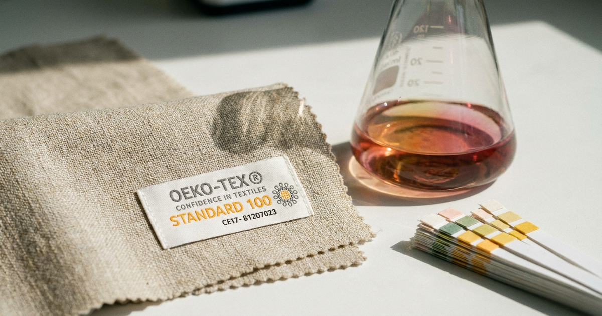 OEKO-TEX Standard 100 label sewn into a fabric swatch next to a lab beaker and testing strips OEKO-TEX Standard 100 label sewn into a fabric swatch next to a lab beaker and testing strips