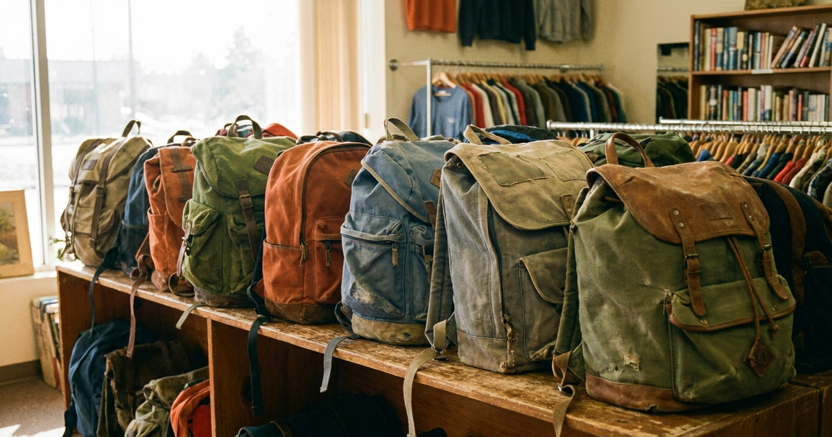 A row of used backpacks of different colors and brands lined up on a thrift store shelf, warm natural light, no visible A row of used backpacks of different colors and brands lined up on a thrift store shelf, warm natural light, no visible