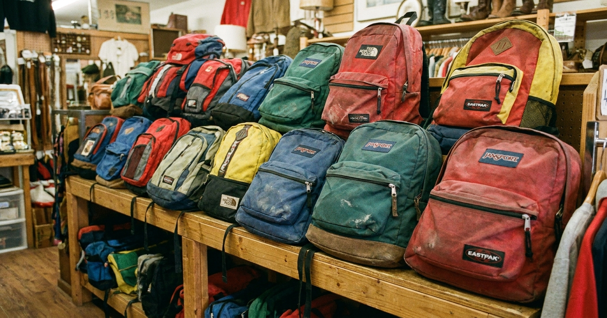 A row of used backpacks of different colors and brands lined up on a thrift store shelf, representing where to buy secondhand backpacks A row of used backpacks of different colors and brands lined up on a thrift store shelf, representing where to buy secondhand backpacks